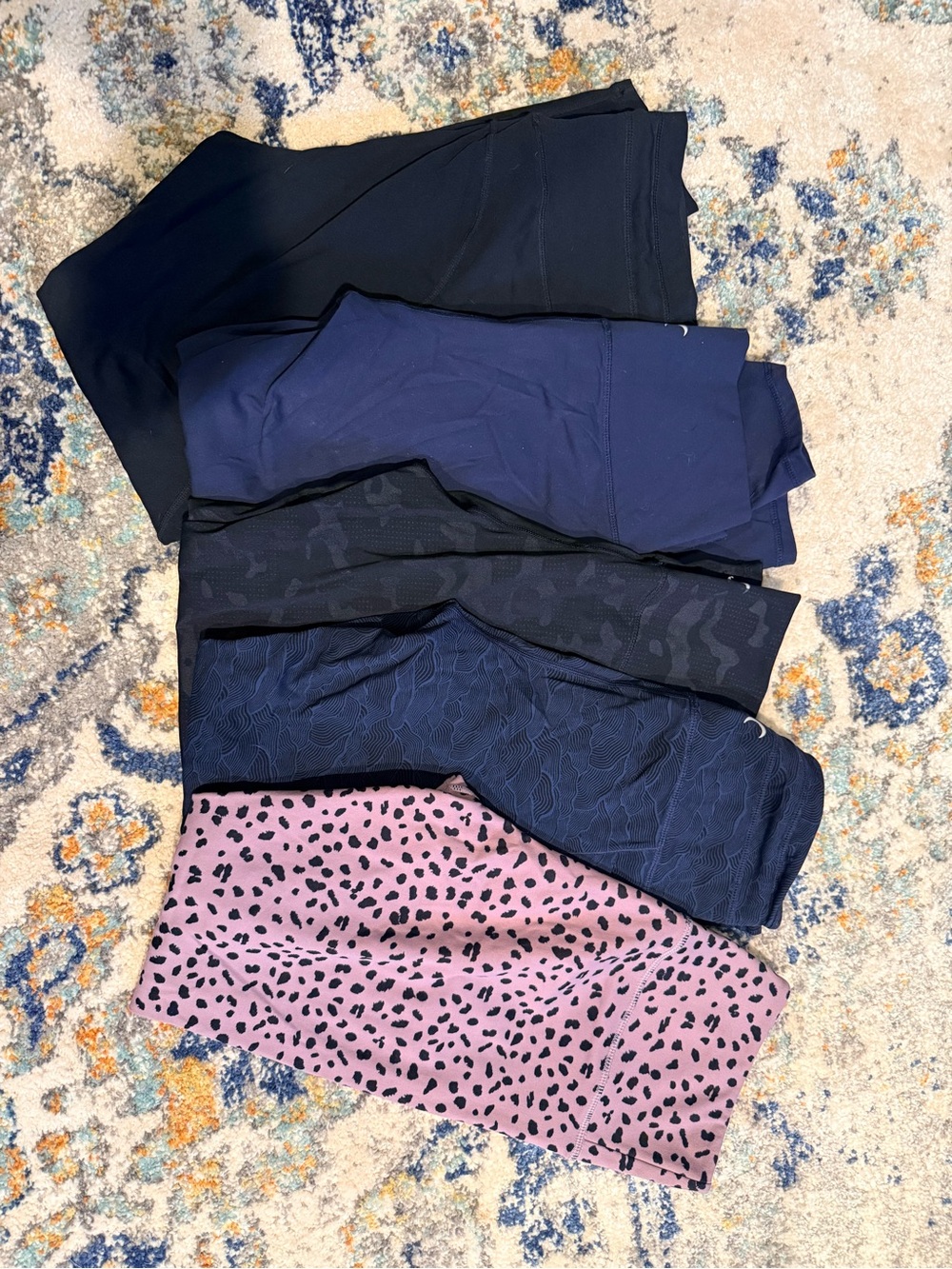 LOT of FIVE pairs of Zyia Leggings - Navy, Black & Purple Leopard, size 4